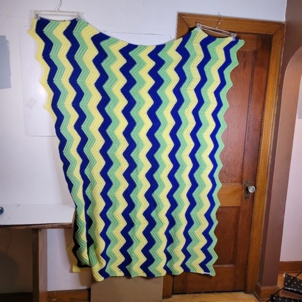 Handmade Multicolor Blue/Green/Yellow Chevron Afghan Approximately 52 x 71